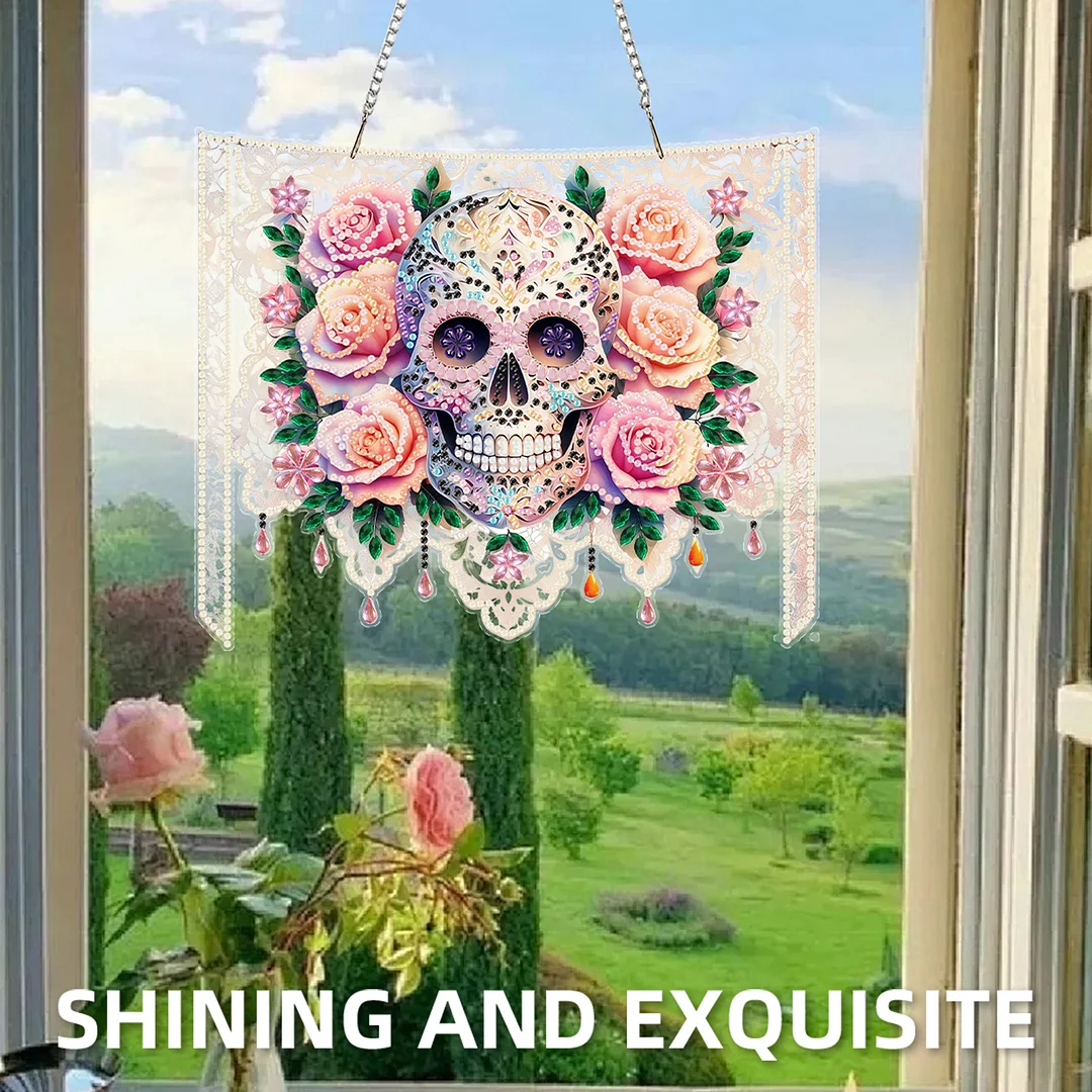 Skulls Flower 2D Flat DIY Acrylic Diamond Painting Kit Window Hanging Wall Decor