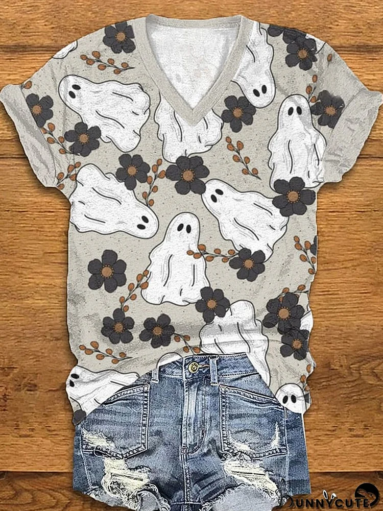 Women's Halloween Ghost Print V-Neck Tee