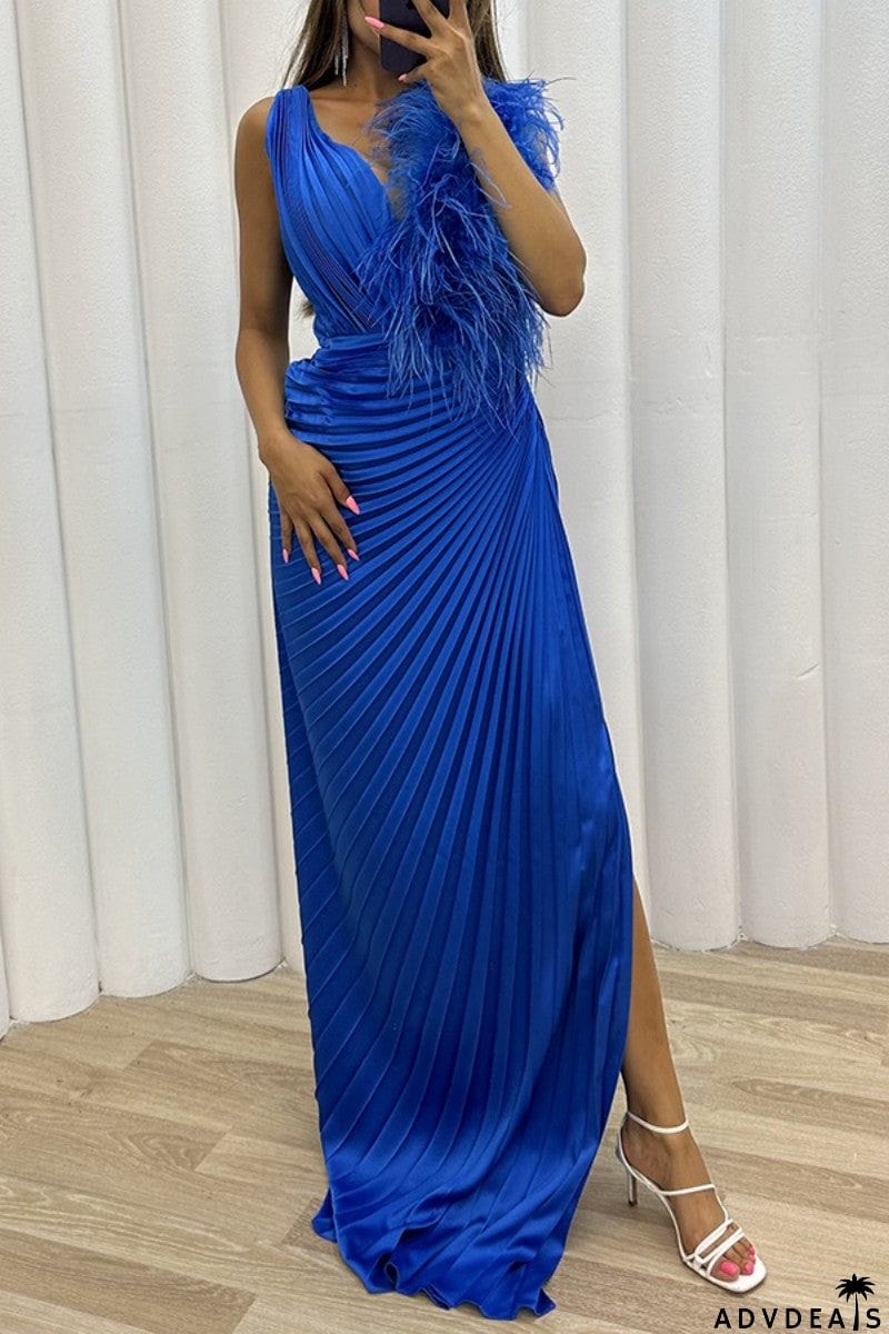 Sexy Solid Patchwork Pleated V Neck Long Dress Dresses