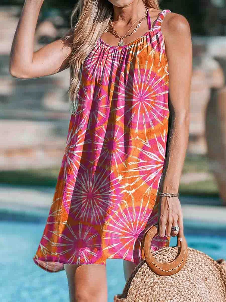 Women's Round Neck Printed Strapless Beach Dress