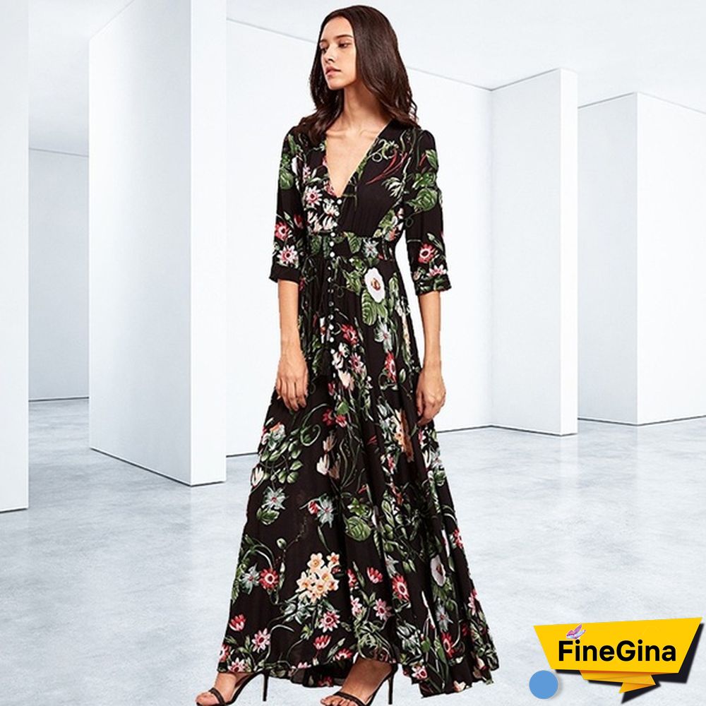 Womens Fashion Bohemian V Neck Print Big Swing Long Dress Plus Size