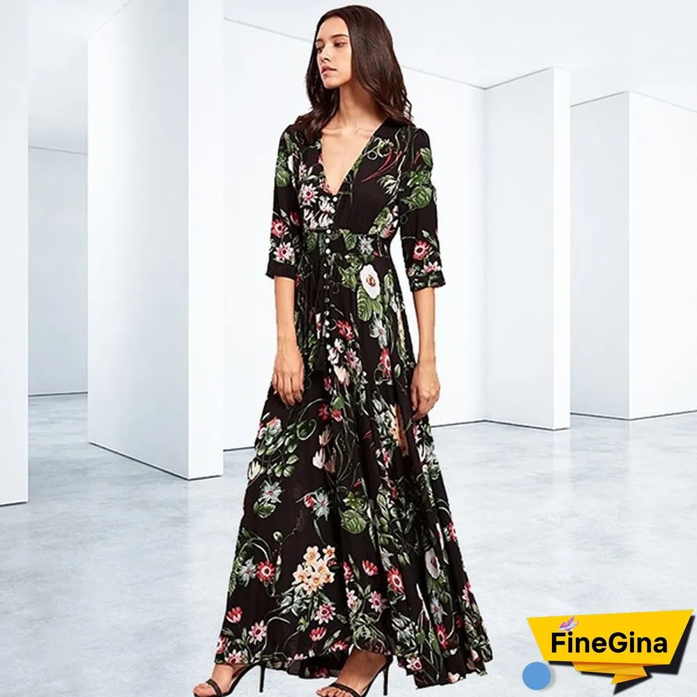 Womens Fashion Bohemian V Neck Print Big Swing Long Dress Plus Size