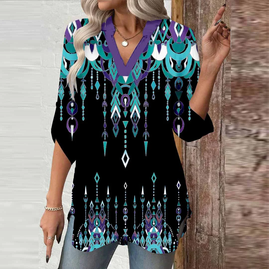 Women Retro, Geometric, Turquoise DZGA0703 3/4 Sleeve V-neck Printed Graphic Button Tops