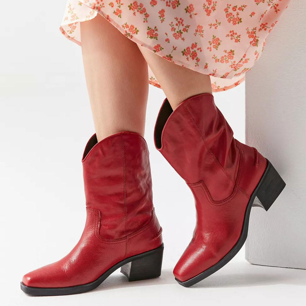 Square Toe Chunky Heel Pull-On Mid-Calf Cowgirl Boots in Red Nicepairs