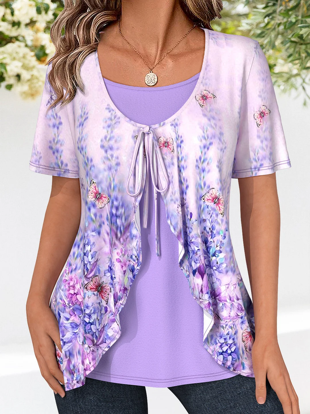 Women Short Sleeve Scoop Neck Floral Printed Graphic Fake 2in1 Tops