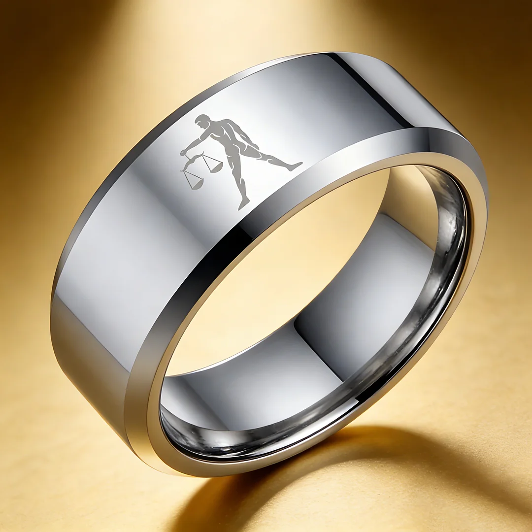Beveled Edges Sliver Laser Etched Couple Wedding Bands Sliver Libra Tungsten Carbide Rings 4MM 6MM 8MM Width