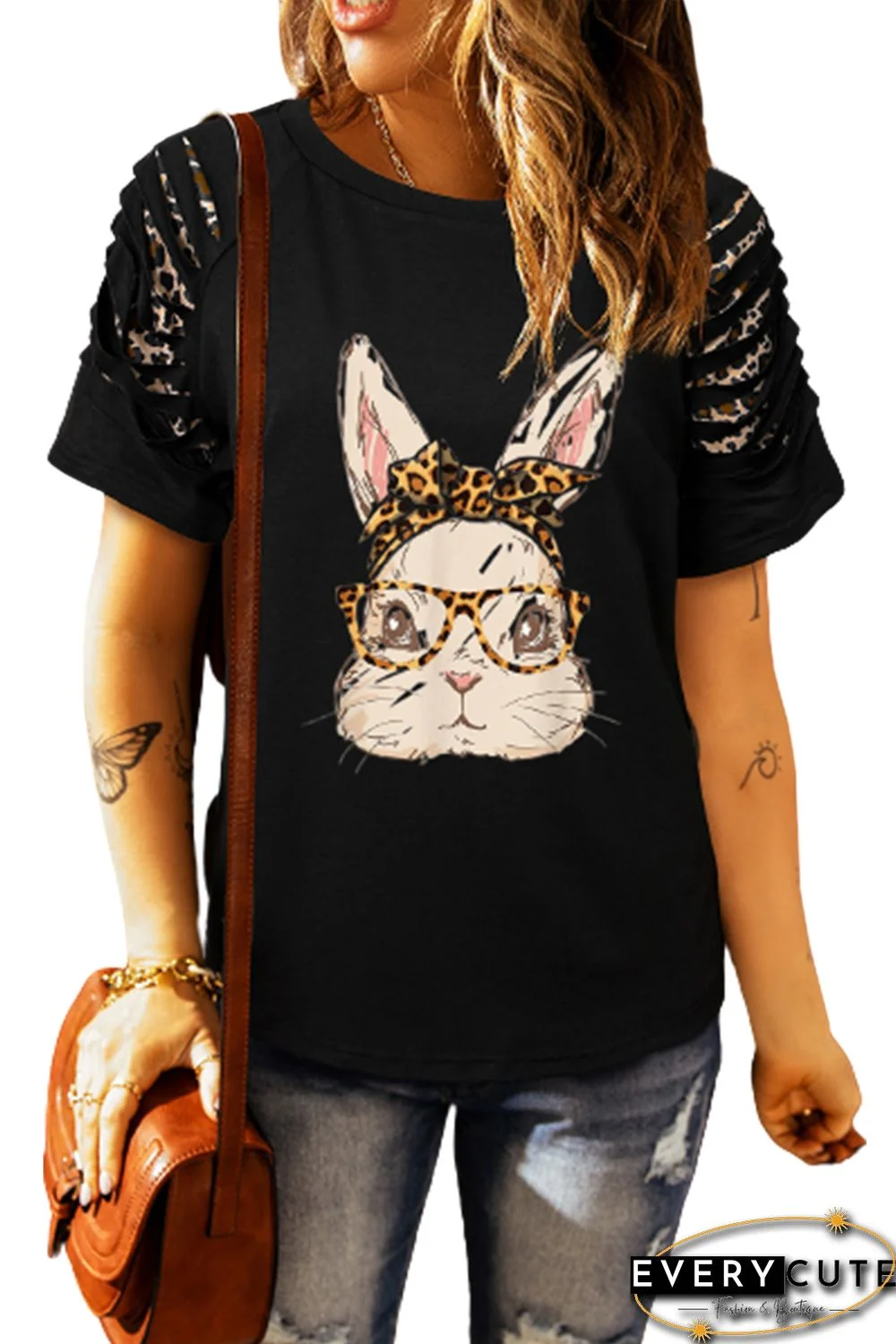 Black Leopard Glasses Rabbit Ripped Sleeve T-shirt