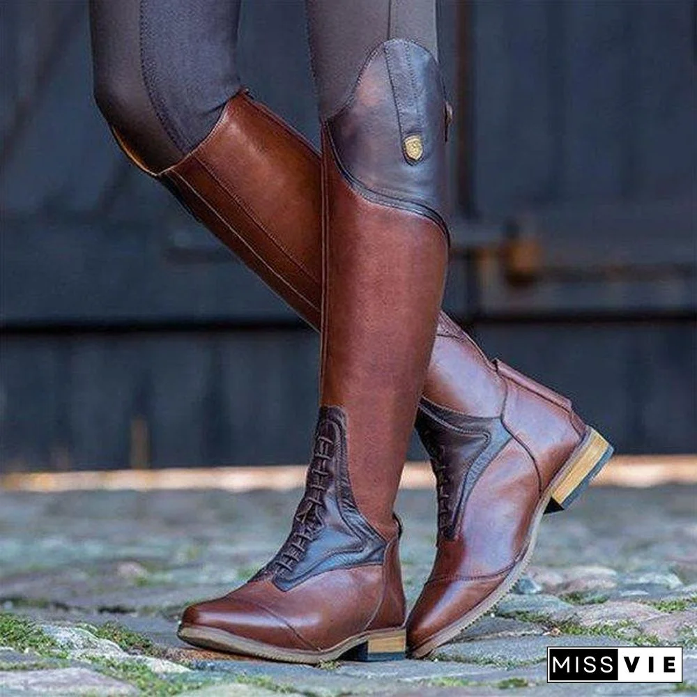 Women Color-block Riding Boots Low Heel Pu Boots