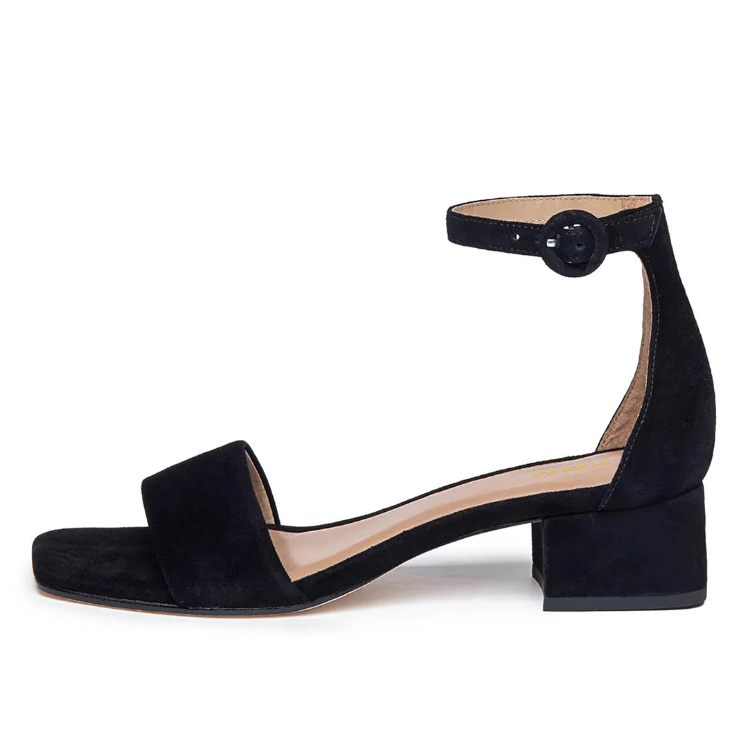 Vegan Suede Open Square Toe Ankle Strap Black Heels Sandals