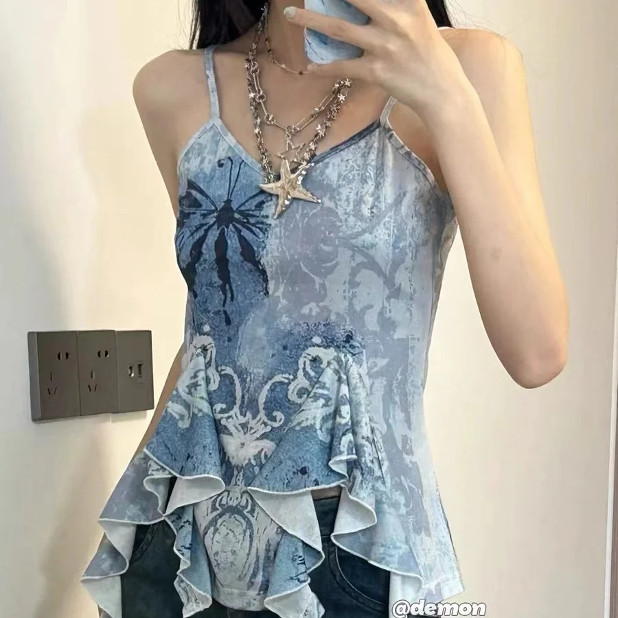 Wongn Crop Tops Women's Clothing Fashion Summer Vest Floral Ruffles Tunic Backless Camis Korean Irregular Y2k Tanks Ropa Mujer