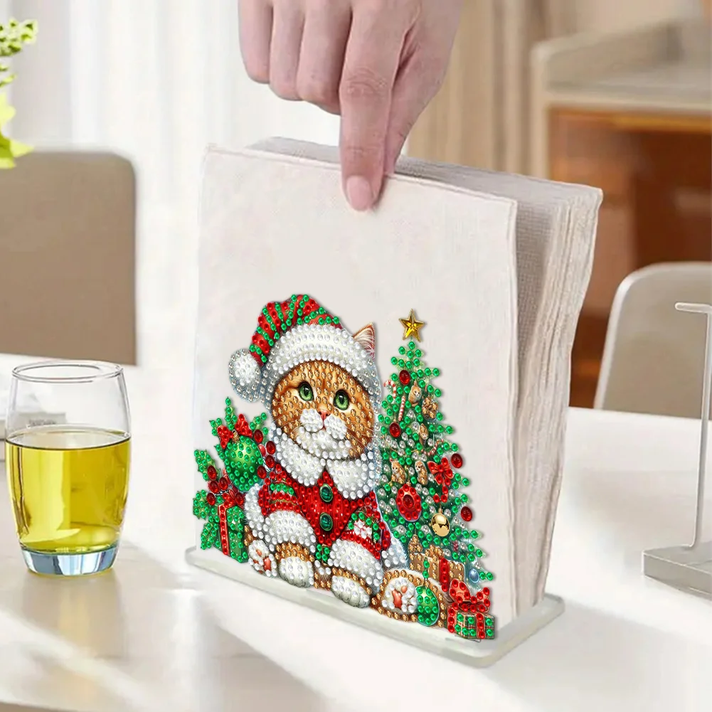 5D DIY Christmas Cat Acrylic Double Sided Diamond Art Paper Towel Storage Rack Decor