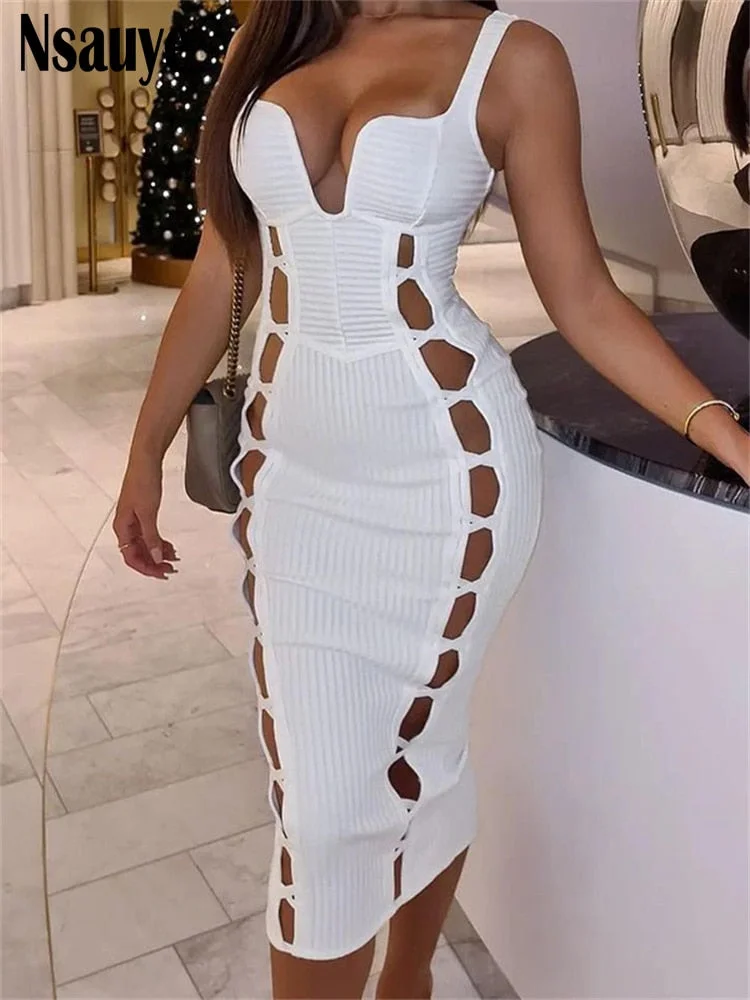 Nsauye 2022 Hollow Out Women Clothing Summer Off Shoulder Strap Bodycon Midi Dress Sexy V Neck Sleeveless Fashion Party Dress