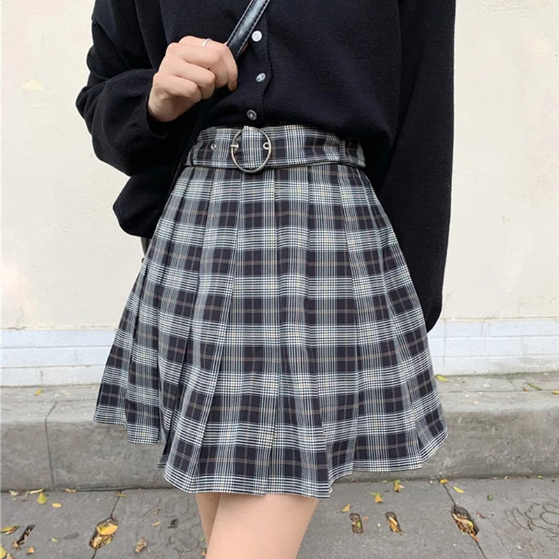 InsGoth Plaid Pleated Mini Skirts Harajuku Grunge Winter Autumn Women Skirts Gothic Streetwear High Waist Fashion Short Skirt