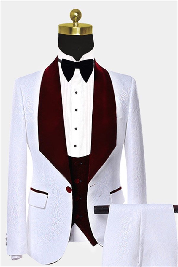 White Jacquard Floral Glamorous Wedding Tuxedo With Burgundy Lapel | Ballbellas Ballbellas