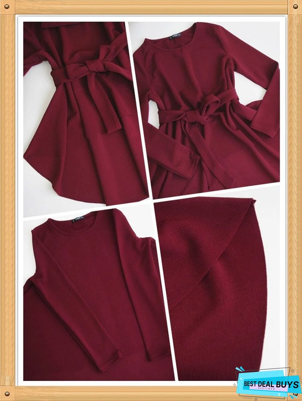 Burgundy Long Sleeve Blouse Elegant Self Belted Asymmetrical Hem Tops Blouses