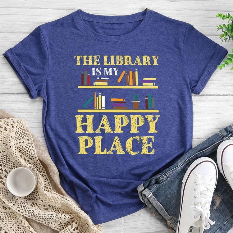 The Library Is My Happy Place Round Neck T-shirt