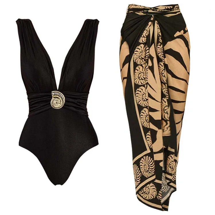 Black V-Neck Conch Decoration One Piece Swimsuit and Sarong