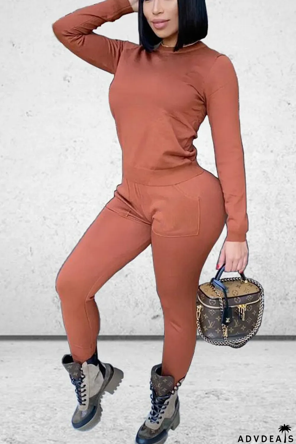 Royal blue Daily Solid Split Joint Pocket O Neck Long Sleeve Regular Sleeve Regular Two Pieces