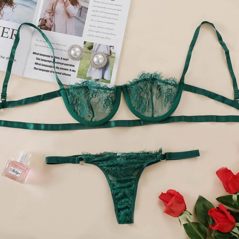 Ellolace Sexy Women's Underwear Lingerie Transparent Bra Low Cup Lace Underwear Set Lenceria Sexy Lingerie Set Bra And Panty Set 514