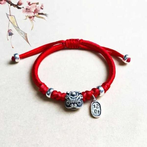 Sterling Silver Waking Lion Fortune Red Rope Bracelet