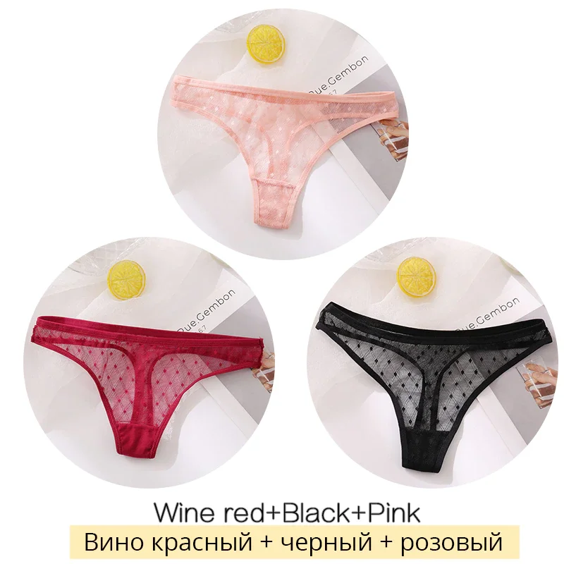 Billionm Lace Thongs Women 3Pcs/Set Transparent G-string Panties Dots Lace T-back Underwear Fashion Female Underpants M-XL