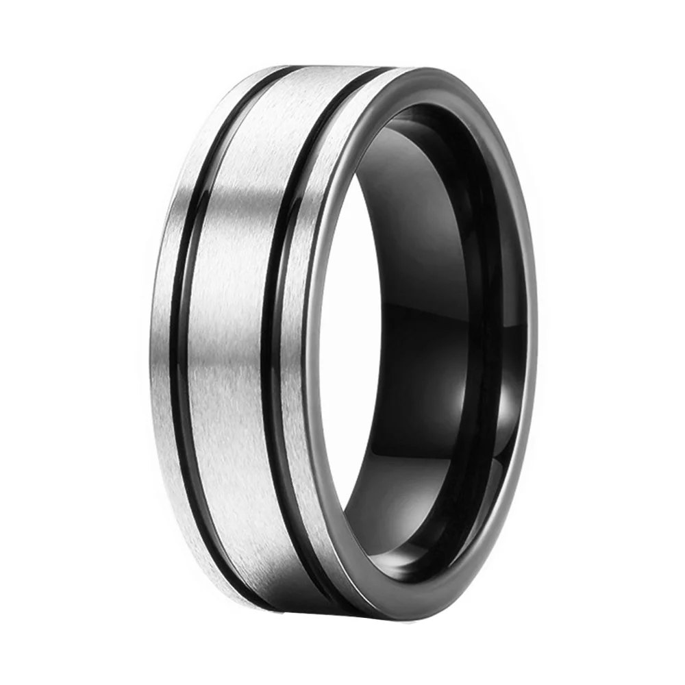 6MM 8MM Black Lines Grooved Tungsten Rings Brushed Finished For Men
