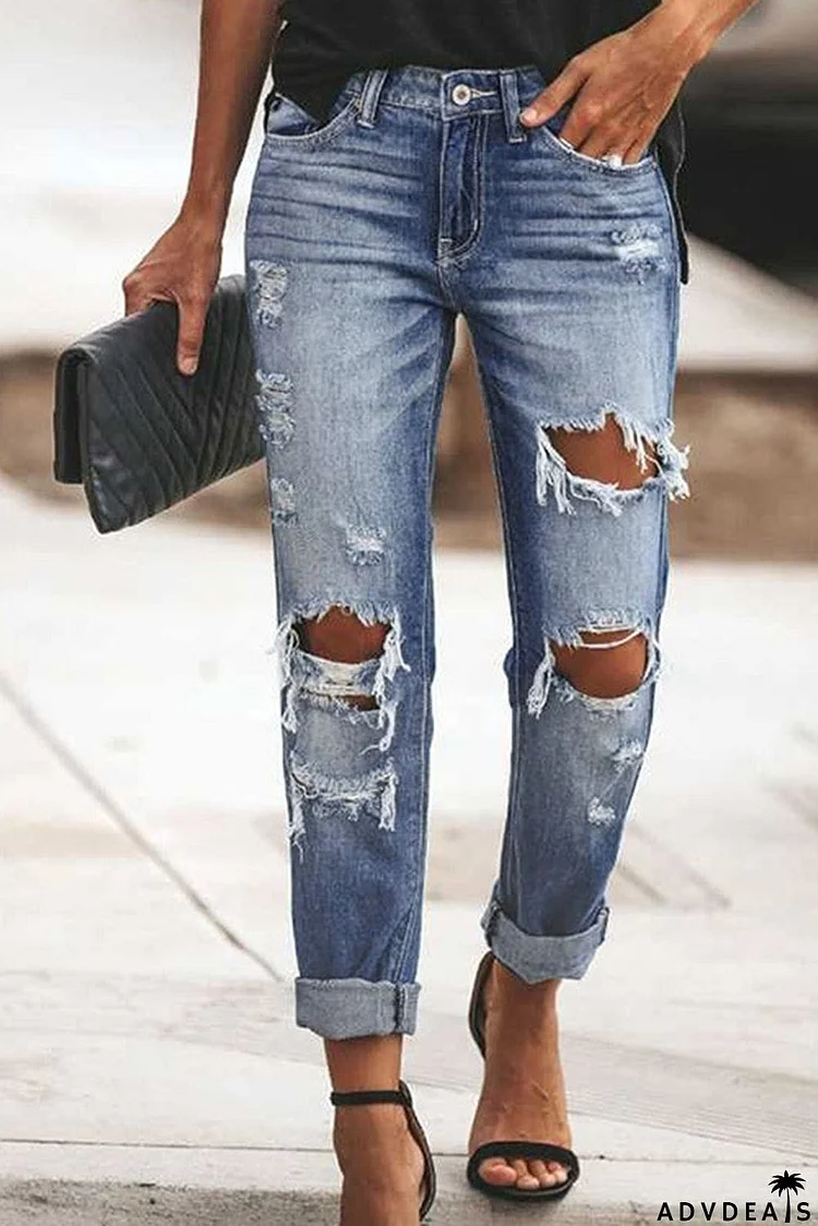 Mid Waist Straight Leg Distressed Wash Jeans