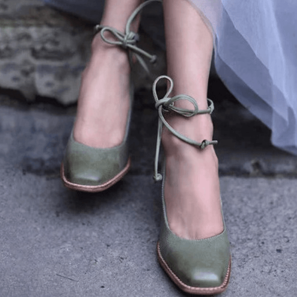 VCSHOES Lace Up Square Toe Leather Flats