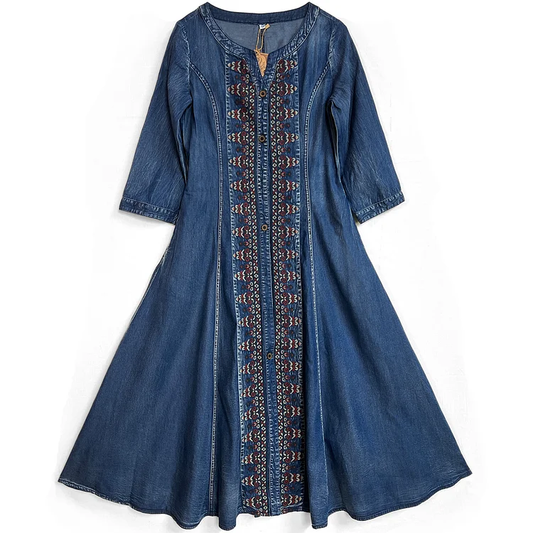 Ethnic Style Denim Embroidery Midi Dress