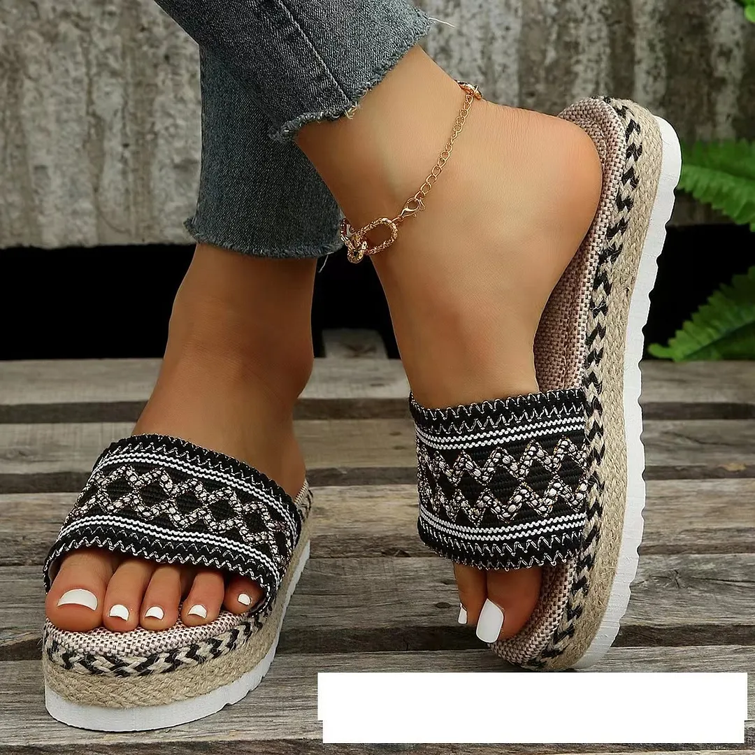 Breakj Breakj New National Wind Large Size Lady Thick Bottom Fish Mouth With Linen Color Slippers