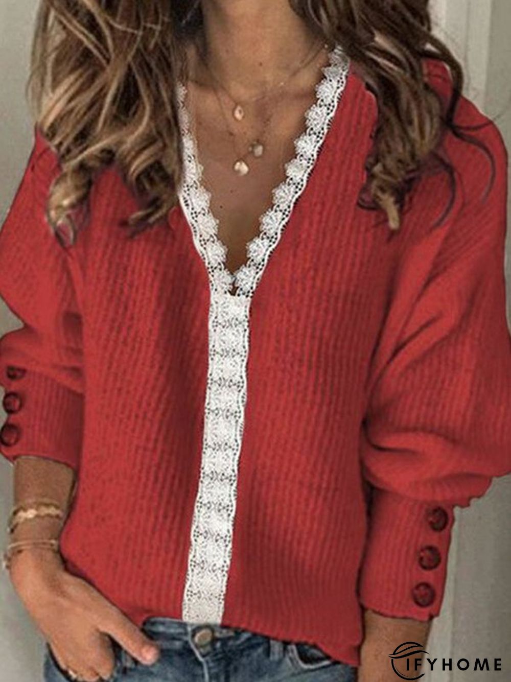 Casual V Neck Long Sleeve Paneled Sweater | IFYHOME