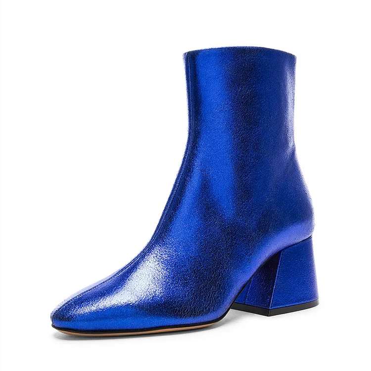 Royal Blue Crack Grain Block Heels Pointy Toe Ankle Boots |FSJ Shoes