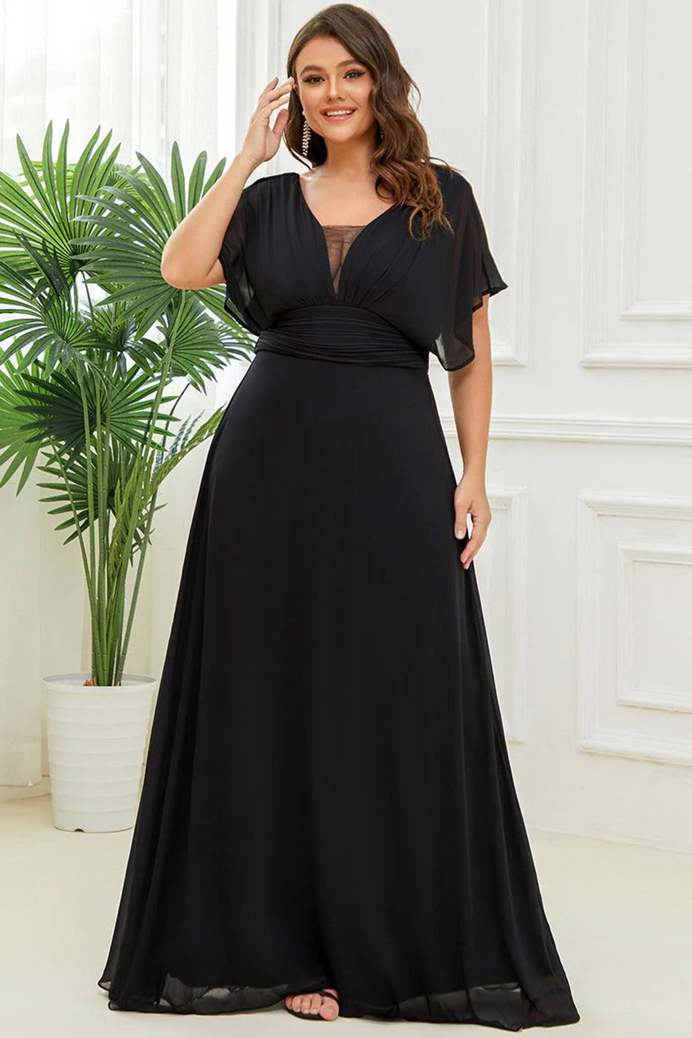 Plus Size Formal Black Chiffon Ruffle Sleeve Empire Waist Maxi Dress 2024 - Flycurvy 