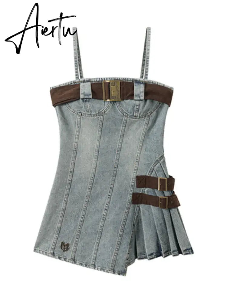 Aiertu Summer Vintage Fashion Denim Dress Women Casual Designer Party Mini Dress Female Backless Korean Style Elegant Dress  New Aiertu