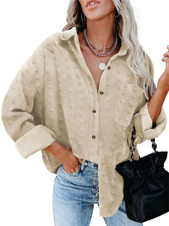 Jacquard Lapel Long Sleeve Buttoned Loose Chiffon Blouse