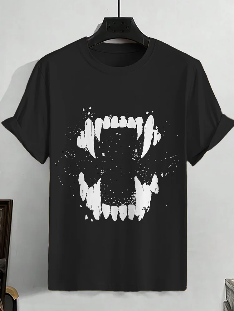 <💯Cotton> Men's Horror Vampire Teeth Graphic Print Cotton Casual T-Shirt