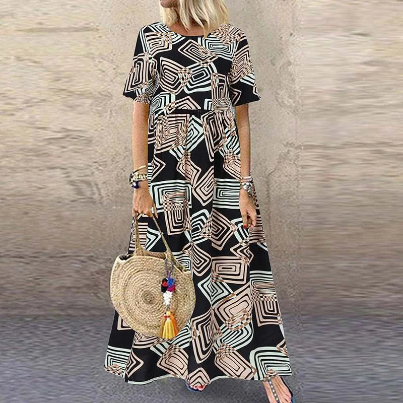 Bohemian Printed Maxi Dress Women's Summer Sundress ZANZEA 2022 Casual Short Sleeve Maxi Vestidos Female O Neck Robe