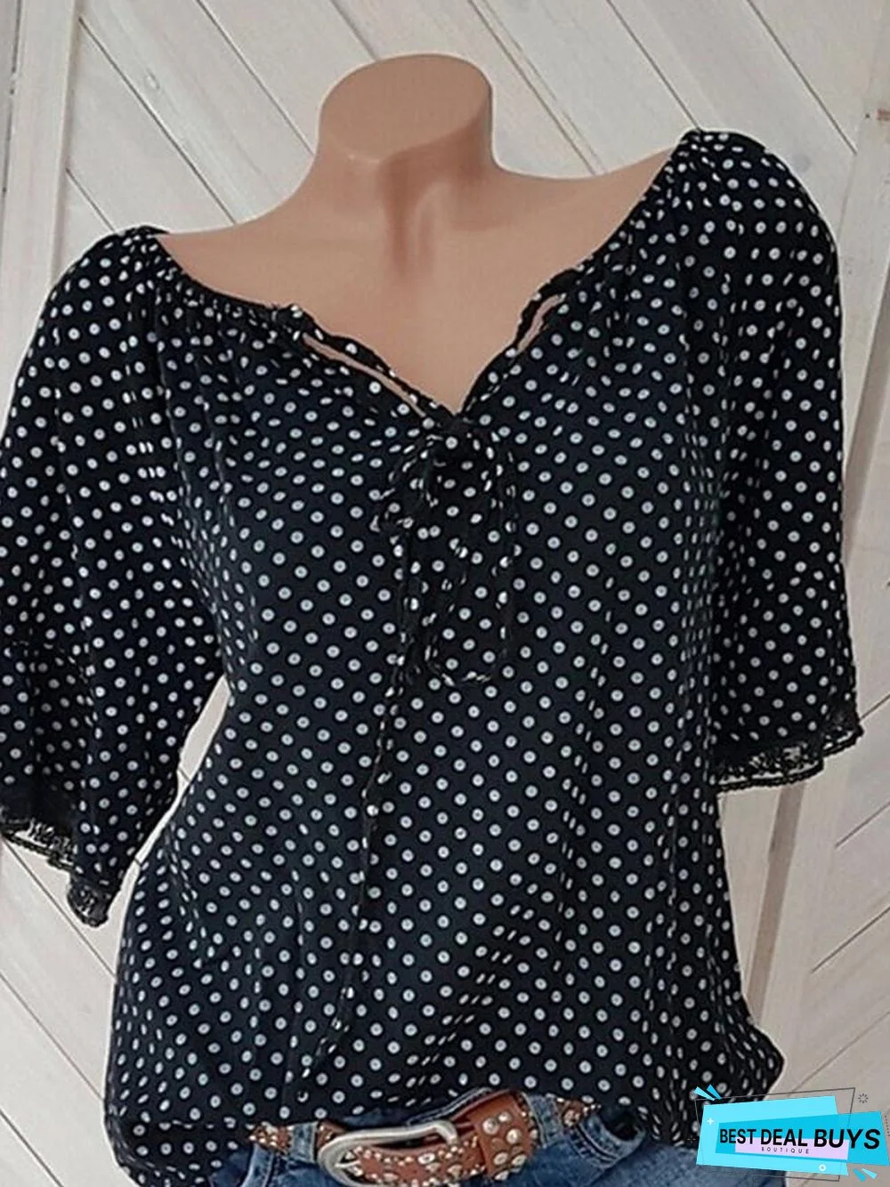 Women's Plus Size Blouse Shirt Polka Dot Print V Neck Tops Streetwear Basic Top Black Blue Red-832