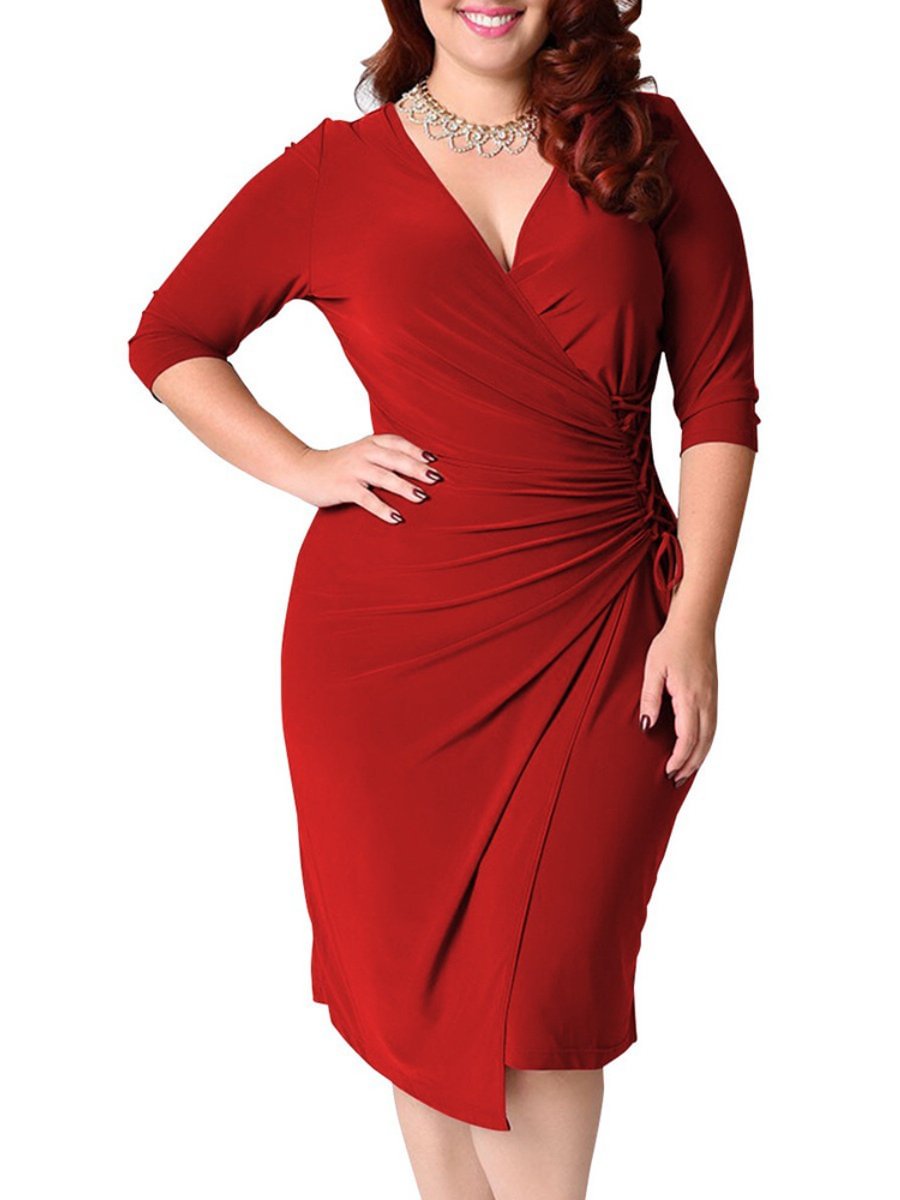 Bodycon Dress V-neck Half Sleeve Lace-up Midi Plus Size Red Dresses