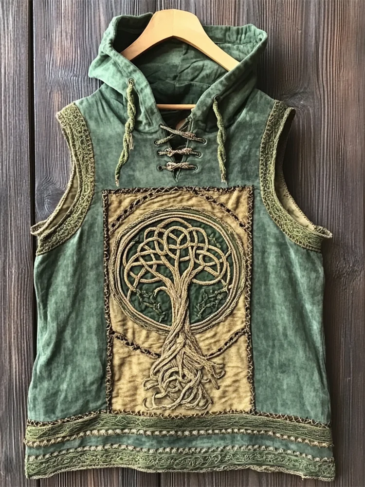 Men's Viking Celtic Tree Of Life Patchwork Hooded Tank Top