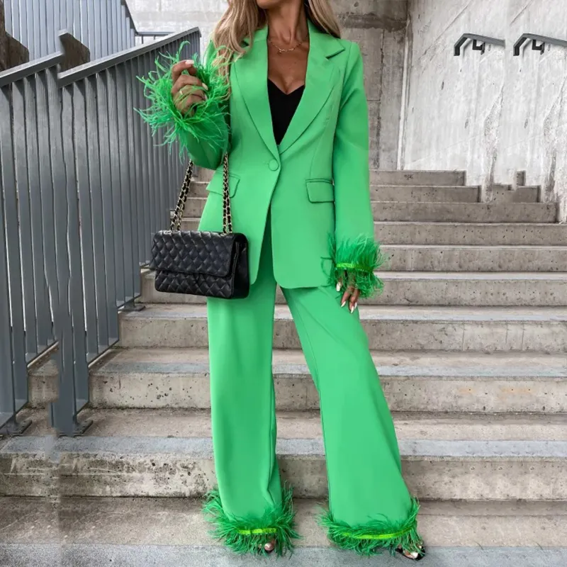 Womens Fashion Solid 2-Piece Sets Casual Long Sleeve Lapel One Button Blazer And Straight