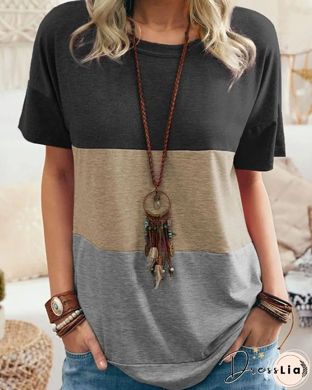 Women Summer Color Stitching Casual T-shirt
