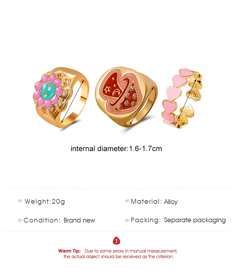 Drip Oil Mushroom Sun Heart Gold Plated Rings Set of 3