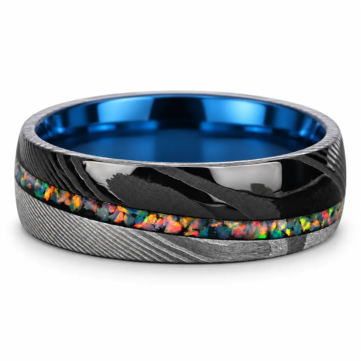  Men's Damascus Steel Ring with Multicolor Opal Inlay and Blue Interior