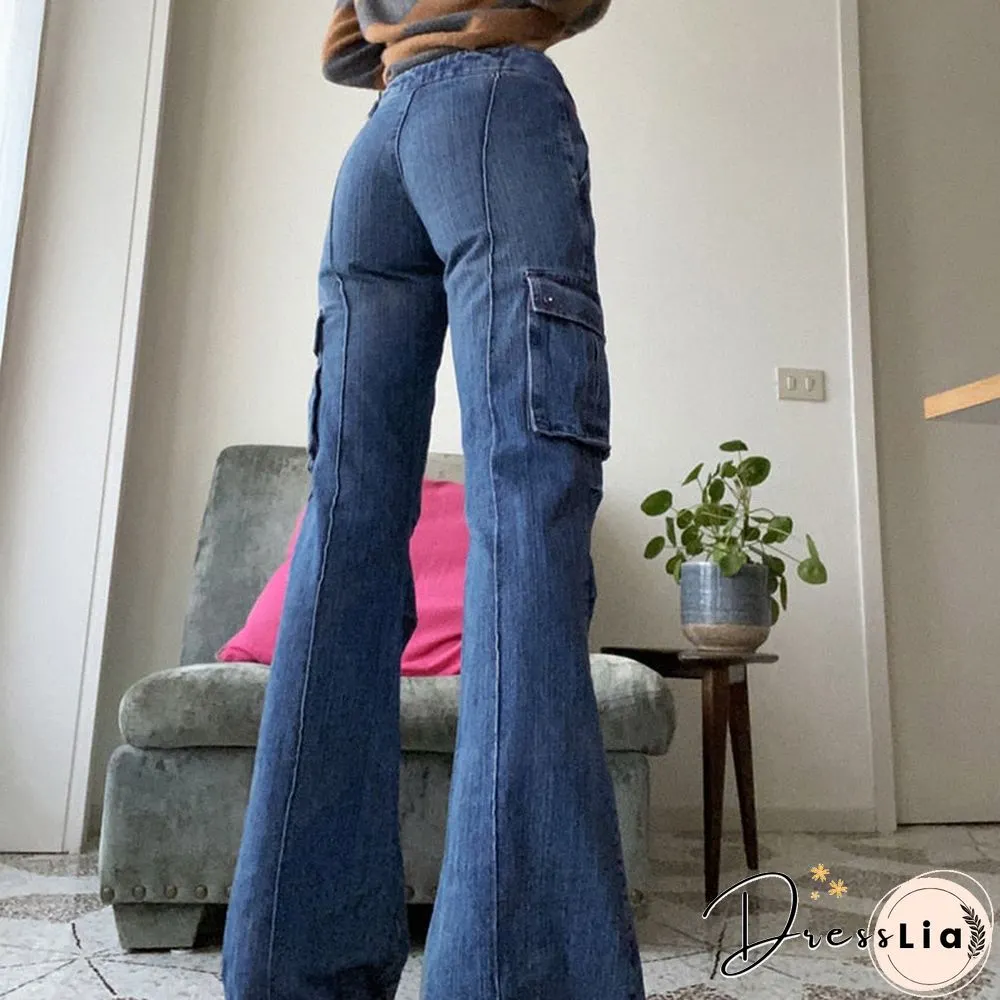 Vintage 90s Womens Casual Streetwear Jeans Baggy Flared Denim Pants Autumn Harajuku Korean