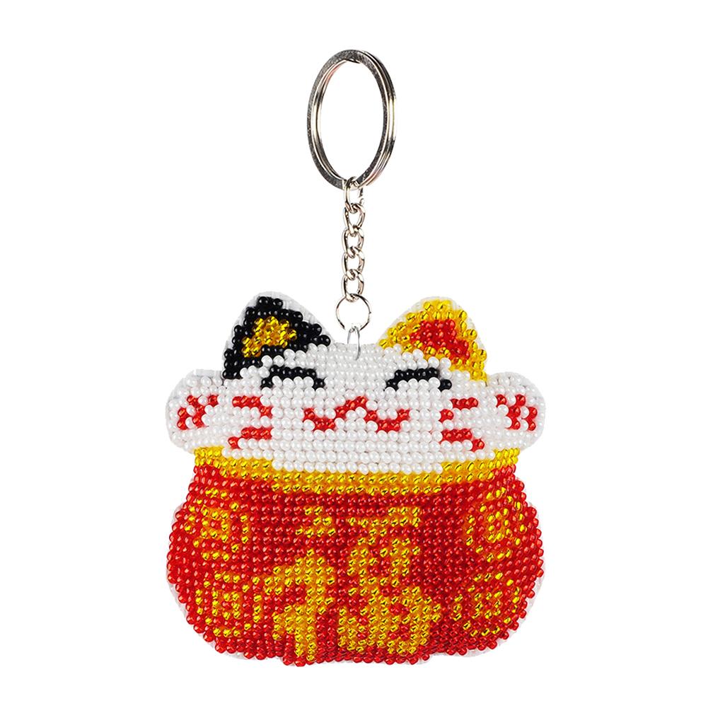 

Red Lucky Cat - Bead Embroidery - Keychain, 501 Original