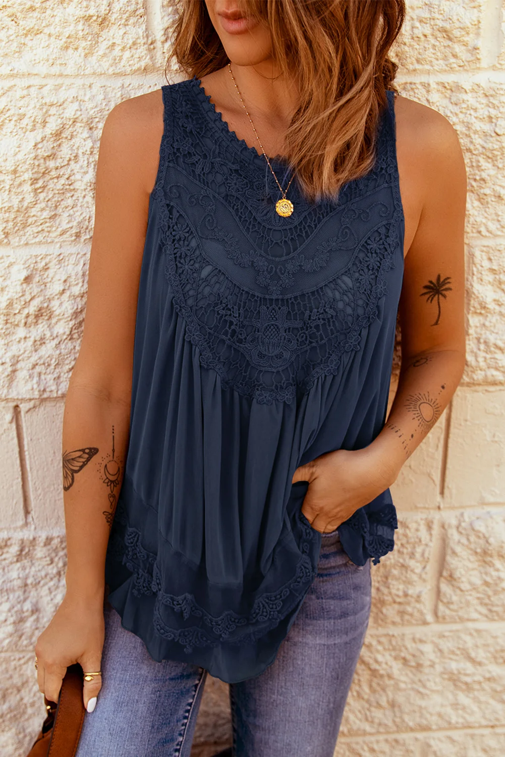 Navy Blue Lace Detail Buttons Back Sleeveless Top | IFYHOME