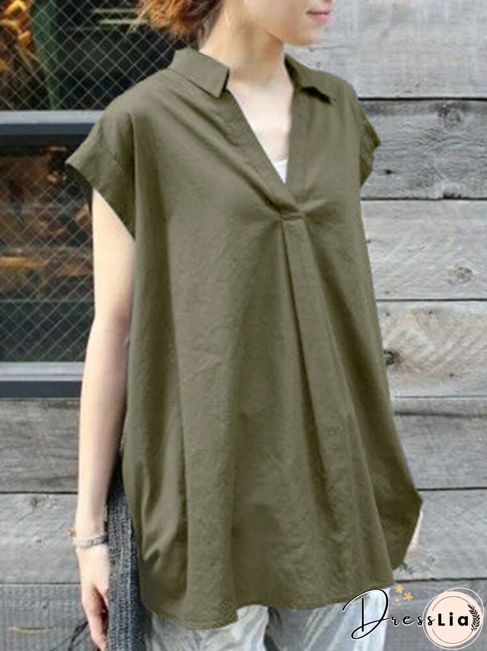 Solid Ruched V Neck Short Sleeve Casual Blouse