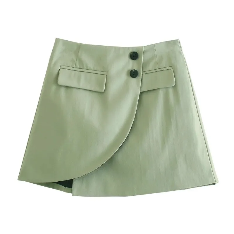 Stylish Elegant Green Skirt Suits Women 2021 Fashion Cropped Pocket Notched Blazer Buttons Asymmetrical Mini Skirts Female Suits