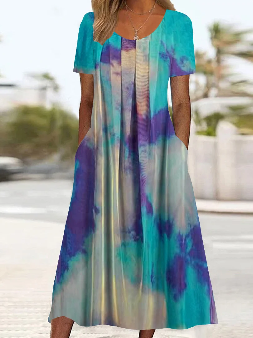 Women's Short Sleeve Scoop Neck Graphic Printed Midi Dress